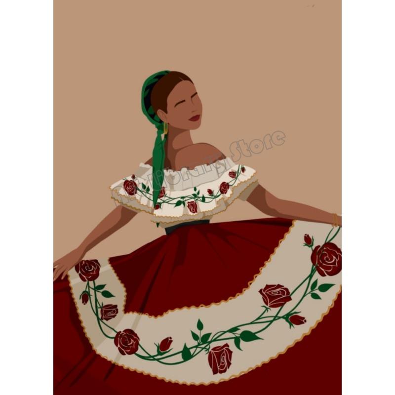 Abstraktní mexická lidová taneční hudba Etnická dívka Červená sukně Kreslený plakát Malba na plátně Retro nástěnné umění Obrázek Domácí barová dekorace