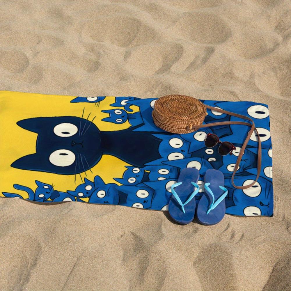 Ultra-Soft Microfiber Beach Towel With Playful Cartoon Cat Design,Perfect For Beach Days & Travel,Yellow With Blue & White Cats
