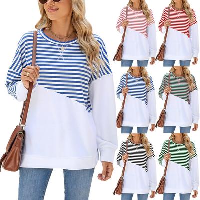 Elegant and Fashionable Fall and Winter Comfortable Round Collar Striped Splicing Casual Long Sleeve Sweatshirt Top Pullover Sweatshirt Hoodies