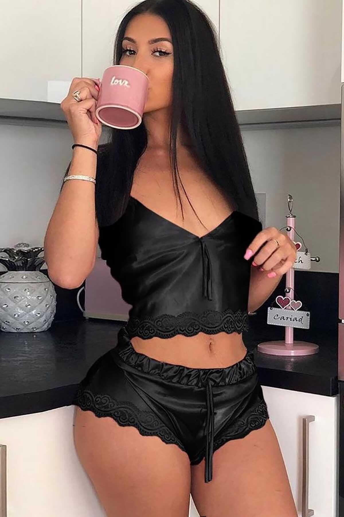 

Satin Lace Shorts Pajama Set S , M , L чорний
