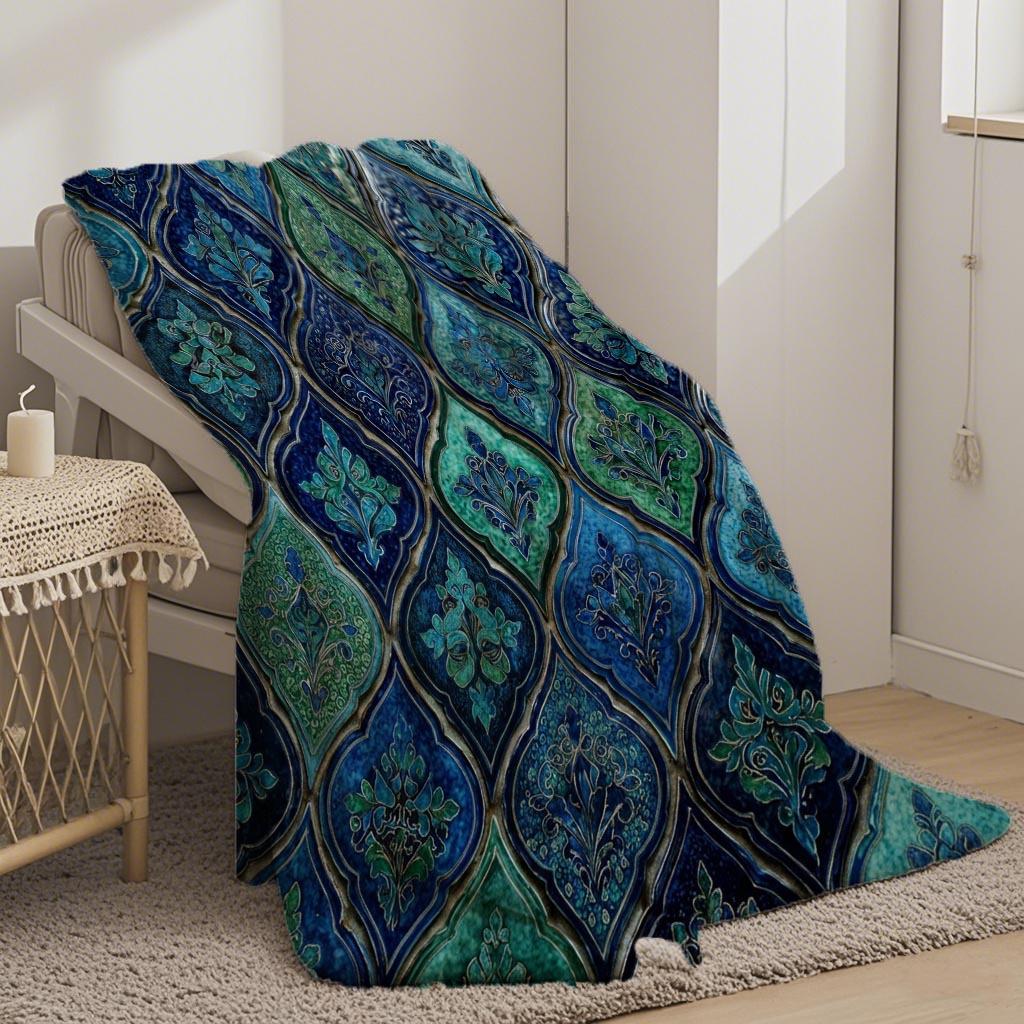 Elegant Turquoise Vintage Harajuku Blanket Aesthetic Geometric Pattern Soft Warm Cosy Throw for Bed Sofa Office Travel Hiking