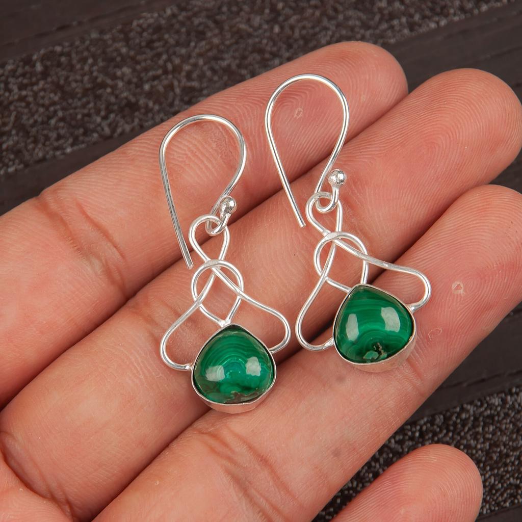 Natural Malachite Gemstone 925 Sterling Silver Handmade Earrings 1.50" For Women EE-2-29