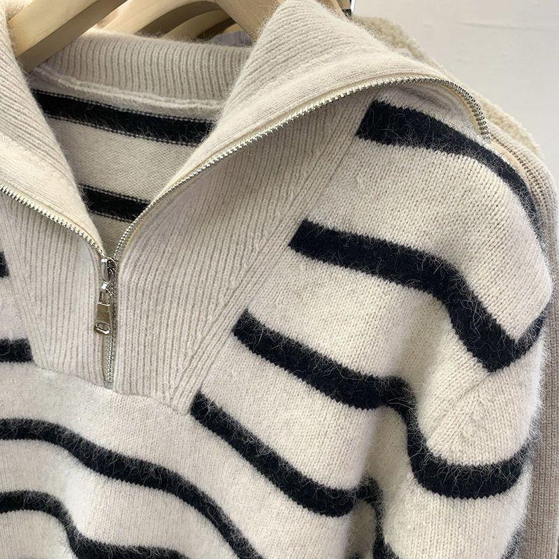Women's Striped Zipper Knitted Sweater Knitwear Pullover Autumn Winter Clothes Loose Long Sleeved Sweater Korean Style 2023