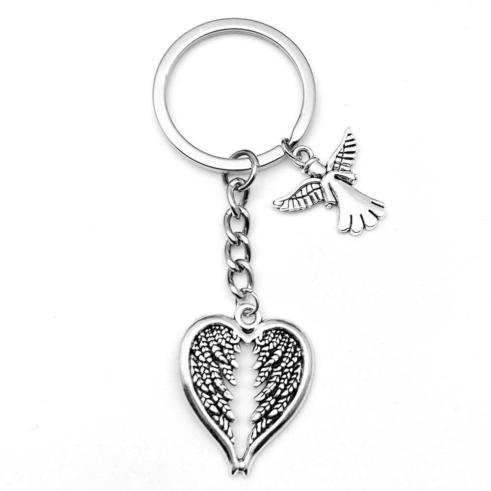 Antique Silver Angel Wings Heart Keychain Pendant