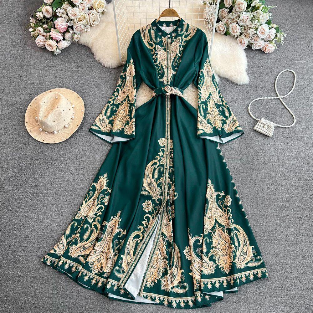 Abito lungo da donna con stampa vintage da palazzo, primavera e autunno, abiti larghi monopetto, lunghi abiti da sera