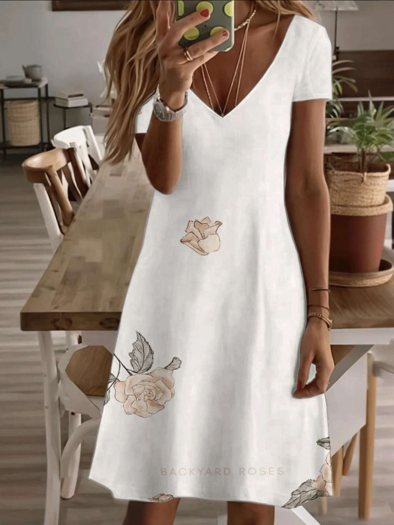 

Vneck shortsleeve midi dress rose floral print pattern 3D premium printing durable breathable fabric elegant summer casual fashion women dress for str 2XL дубильная кора
