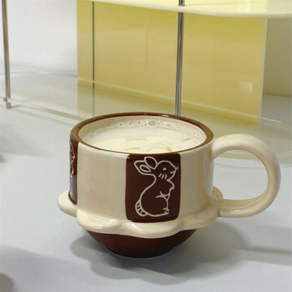 Japanese retro tall ceramic mug cute flower rabbit coffee cup household medieval relief drinking cup 201-300ml