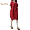 Lady Summer Dress O Neck Short Sleeves Pure Color Loose Side Pockets Knee Length Pullover Casual Commute Midi Dress