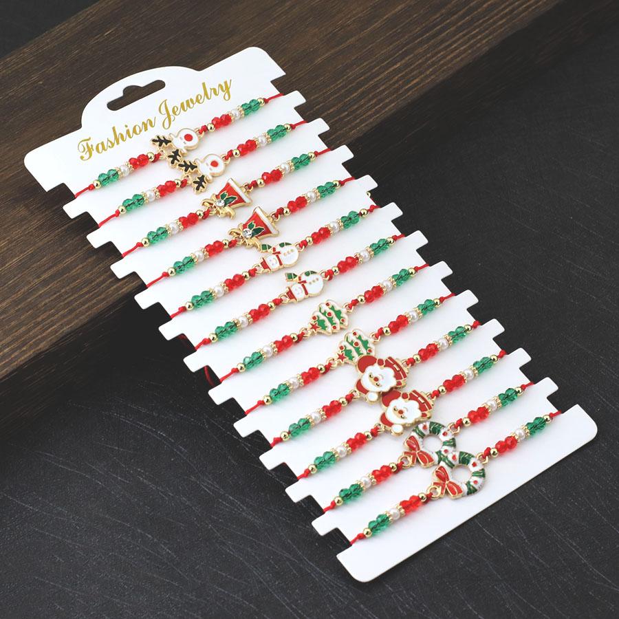 New 12Pcs/Dozen Christmas Women Bracelet Deer Snowman Tree Hat Handmade Braided Friendship Braslet Perfect Gift For Girlfriend