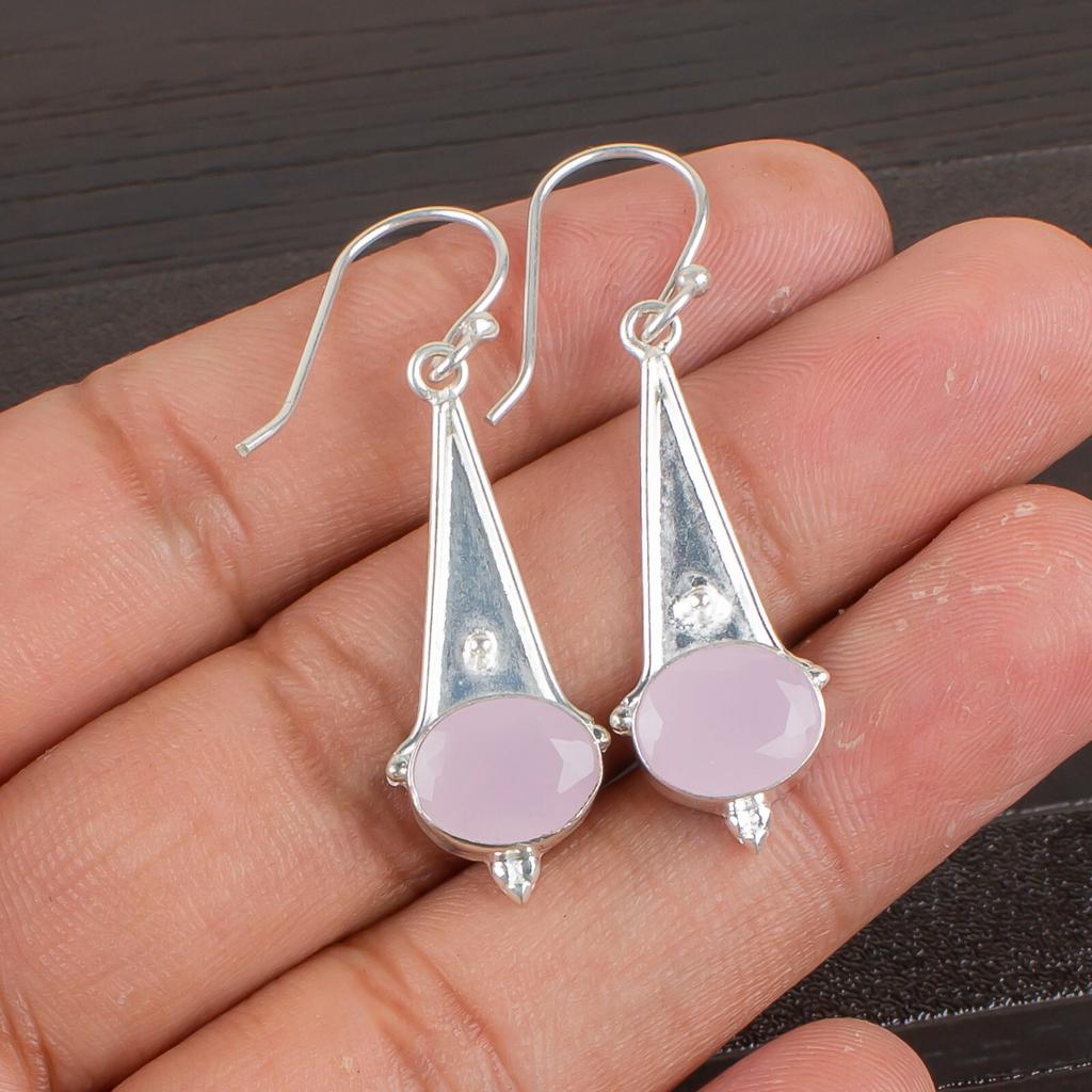 Rose Chalcedony Gemstone 925 Sterling Silver Jewelry Drop/Dangle Earrings 1.80" EE-50-16
