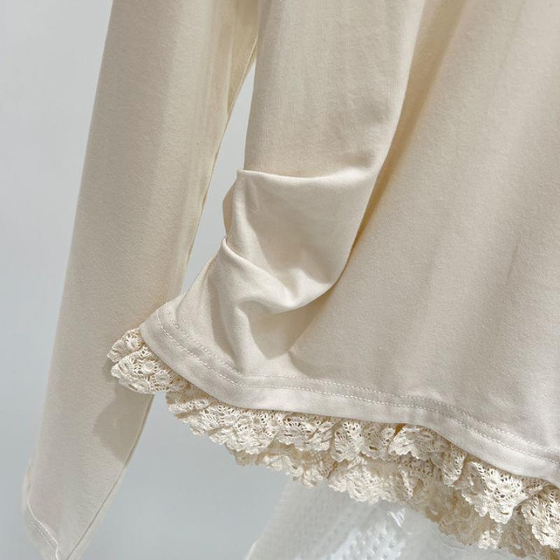 Zimní podzimní elegantní krajkové prošívání falešné dvoudílné tričko s dlouhým rukávem, halenka, dámské v novém designu s mašlí, sladké tričko se spodním dílem