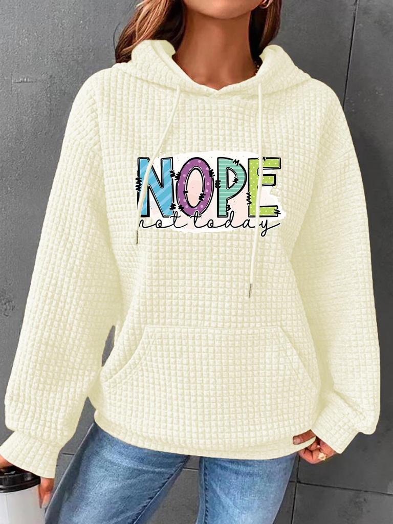 Autumn/Winter Women's Waffle Knit Hooded Sweatshirt with Kangaroo Pocket and NOFE Print (European Size)