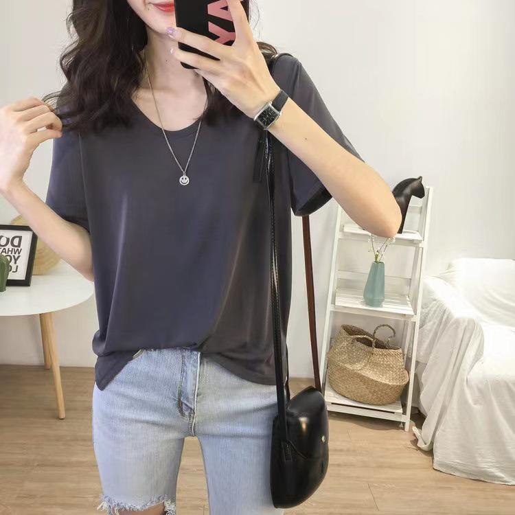 Women's Summer V-neck Short Sleeve Solid Color Korean Style T-shirt