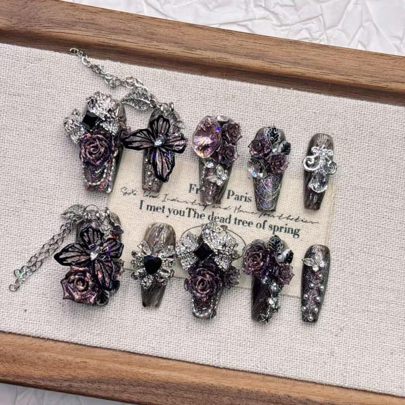 Handmade 3D Black Butterfly Press-On Nails Medium-Length Women Elegant Wearable Nail Tips