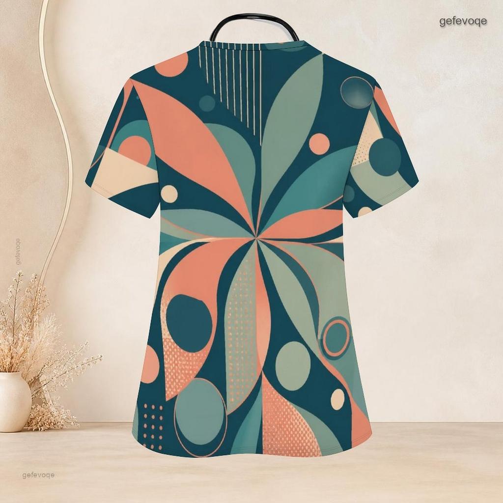 Women Plus Size Abstract Printed Nurse Scrub Top Keyhole Neck Short Sleeve With Front Pockets