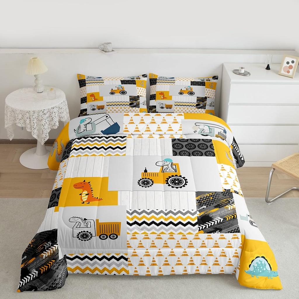 Feelyou Cartoon Car Kids Comforter Set Construction Bedding Set for Boys Toddler Decor Equipment Trucks Comforter Cartoon Car Excavator Trac