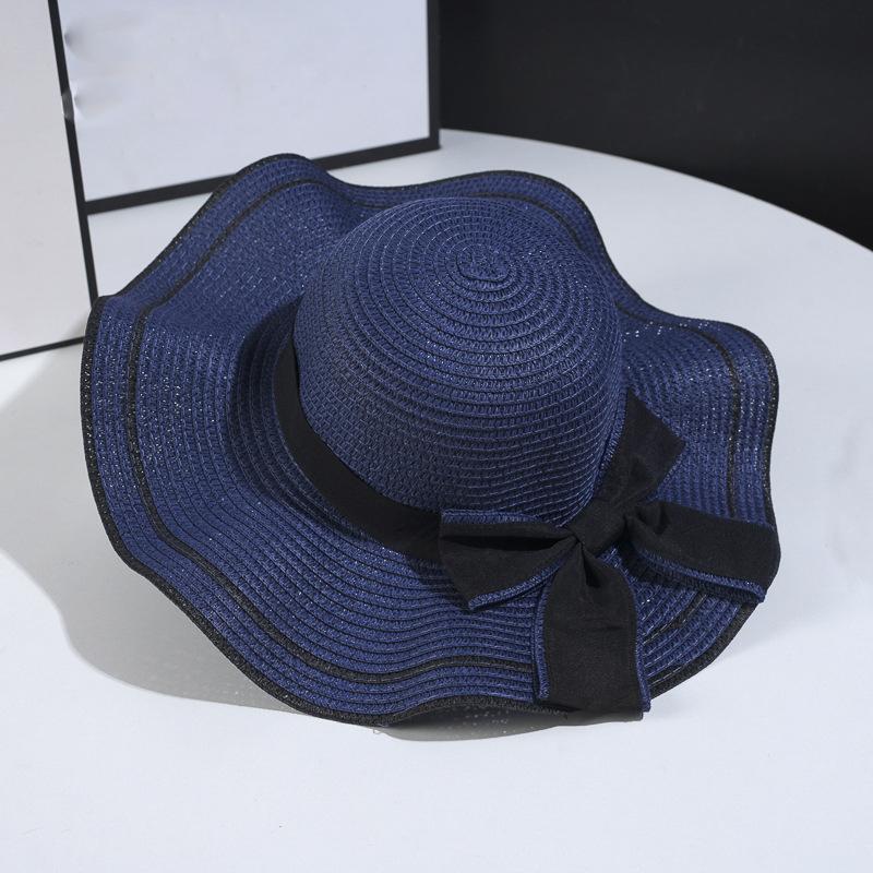 

Ladies Elegant Wide Brim Straw Sun Hat with Black Bowknot Wavy Edge Summer UV Protection Beach Hat for Women Adult (52-56CM) темно-синий