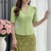 Women Elegant V-Neck Solid Color Summer Casual Short Sleeve Blouse