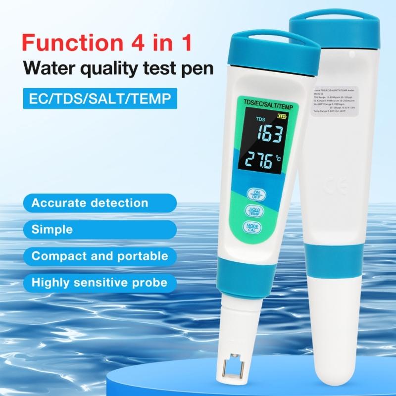 4 In 1 Salinity Meter with  Conductivity Temperature Tester Water Quality Test Pen for Fish Tanks & Swimming Pools