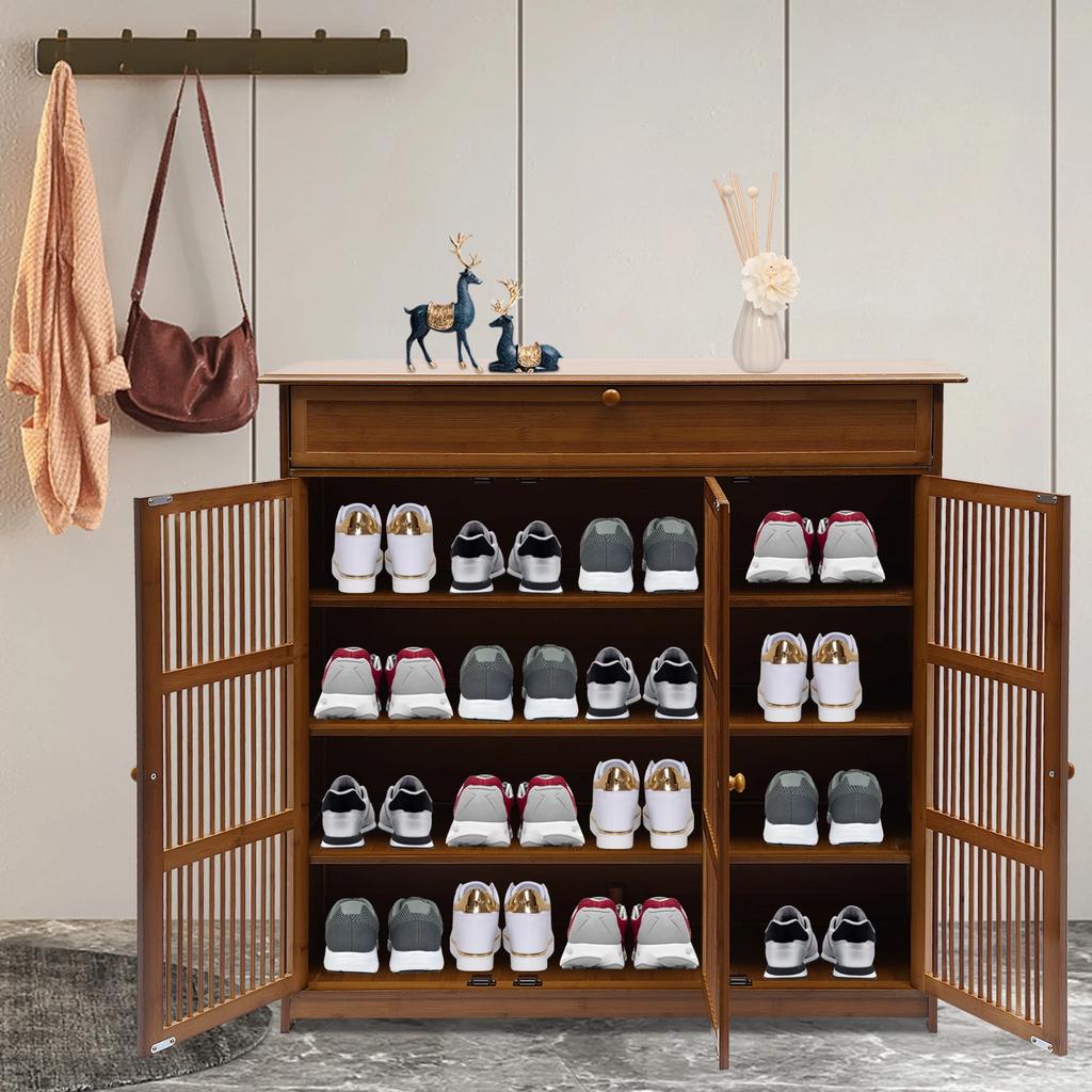 3-Tier Bamboo Shoe Cabinet W/ Shutter Doors & 1 Drawer - Holds 25 Pairs, Modern Wooden Shoe Rack Organizer for Entryway, Hallway