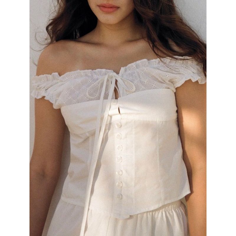 Sun Beauty God French Style Pure Desire Sweet and Spicy Wind Strap Breasted Slim Looking Lace Stringy Selvedge off-Neck Shirt Tops