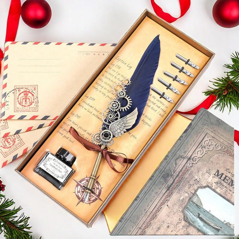 Vintage Map Feather Dip Pen Set Brass Base Wax Seal Stamp Gift Box Holiday Birthday