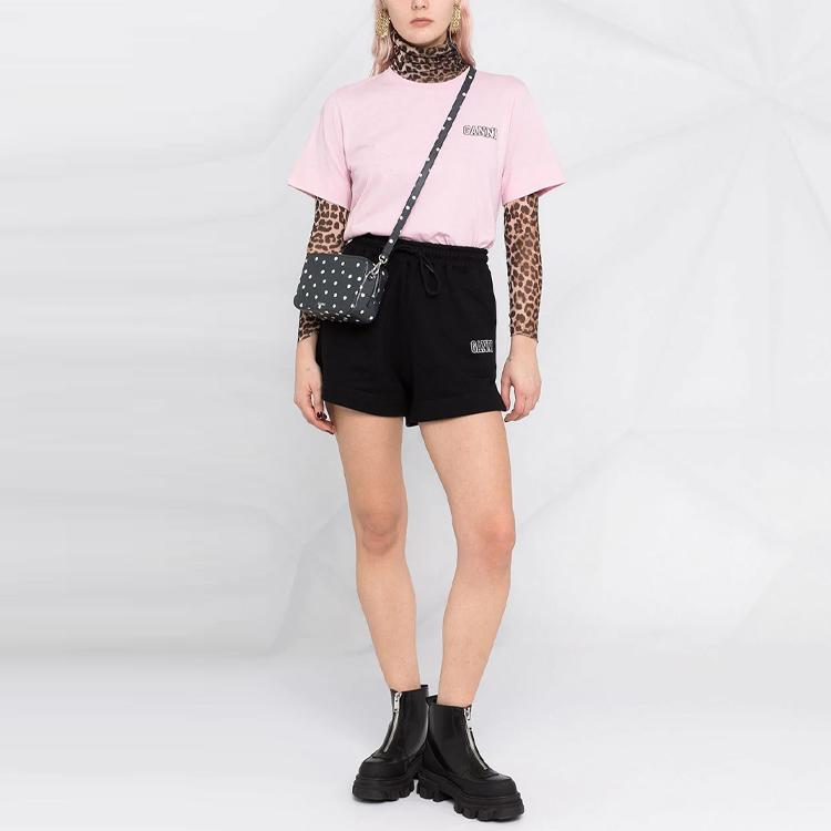 Ganni FW21 Logo Embroidered Summer Nordic Style Mid Waist Drawstring Relaxed Fit Sports Casual Shorts Women shorts Black T2924-099