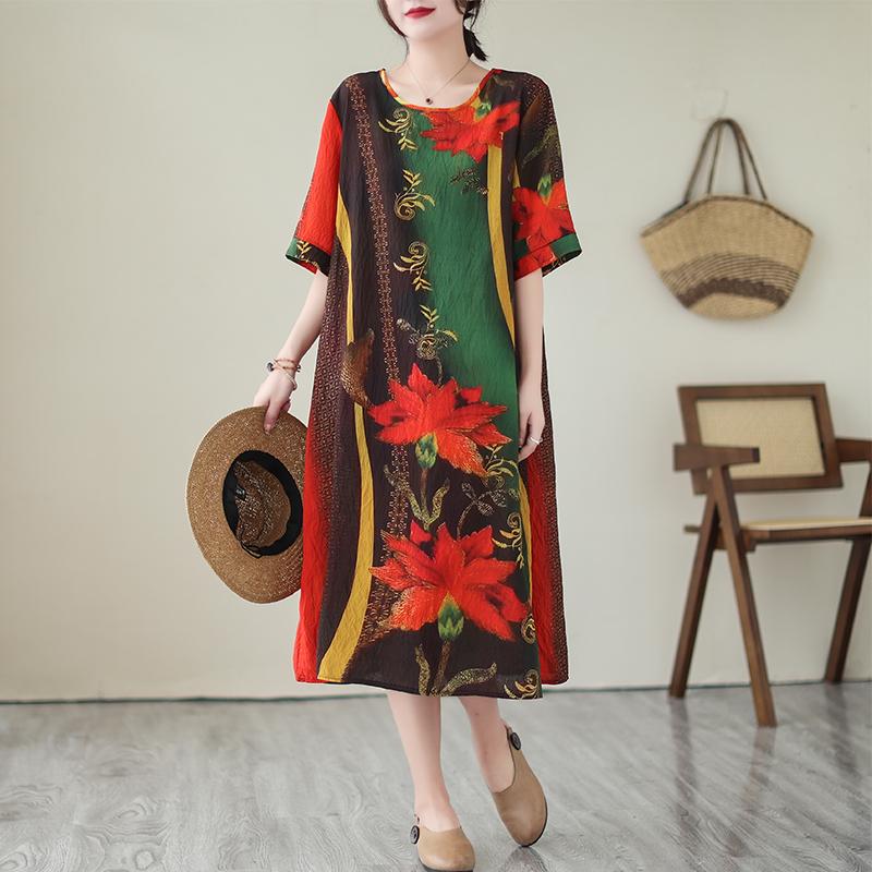Dimanaf 2024 Plus Size Women Summer Beach Vintage O-Neck Dress Elegant Lady Print Long Dress Style Loose Dress