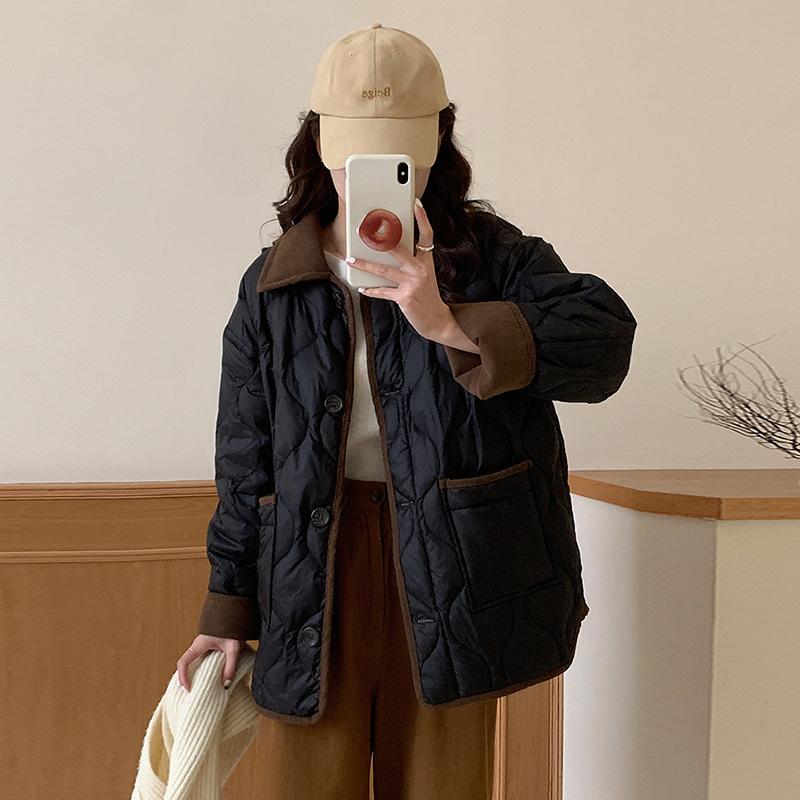 

Corduroy splicing down jacket women s 2025 winter fashion design sense rhombus warm small fragrant white duck down jacket M чорний