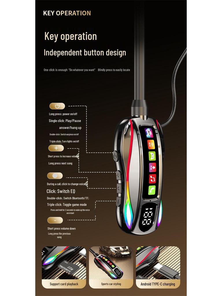 Wireless Neckband Bluetooth Headphones with Long Battery, Memory Card Slot, K-Song Ear Monitor, and HD Call Function.