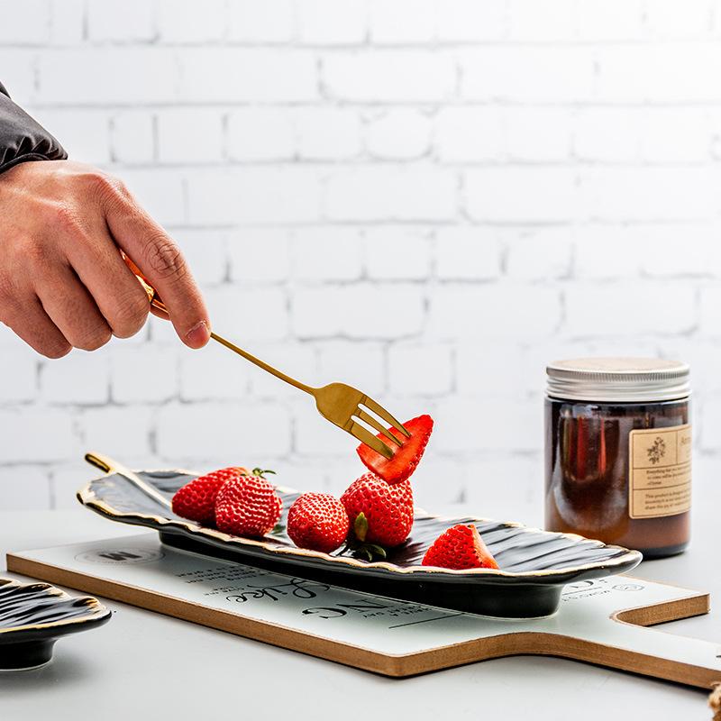 Gold Plating Ceramic Plate Set Fashion Feather Design Jewelry Tray Tableware Accessories Dim Sum Fruit Plate Kitchen Dining Dish