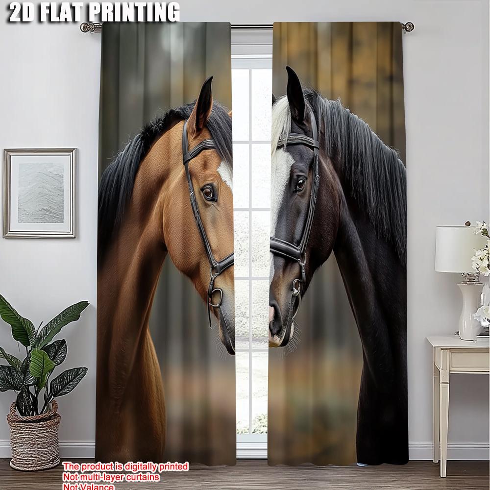 Set Of 2 Minimalist Curtains Print Charming Couple Horse Versatile Fabric Without Rod Festive Ldeal Bedroom Various Curtain Polyester Perfect For