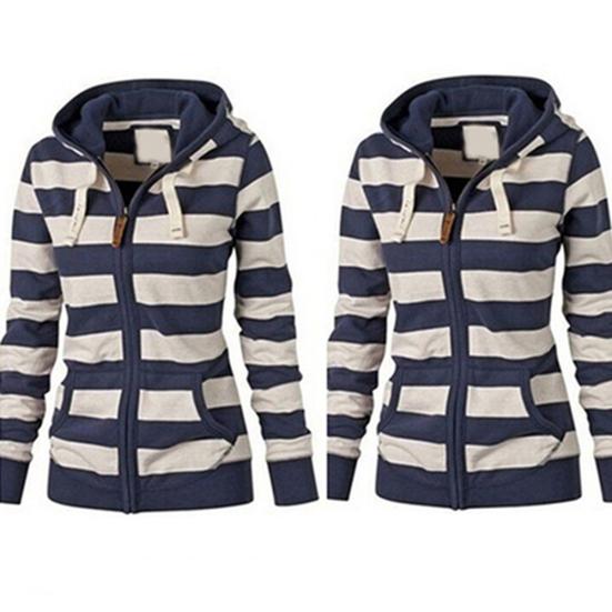 Felpa con cappuccio da donna autunnale casual a righe con cerniera e coulisse Giacca a vento Giacca Cappotto