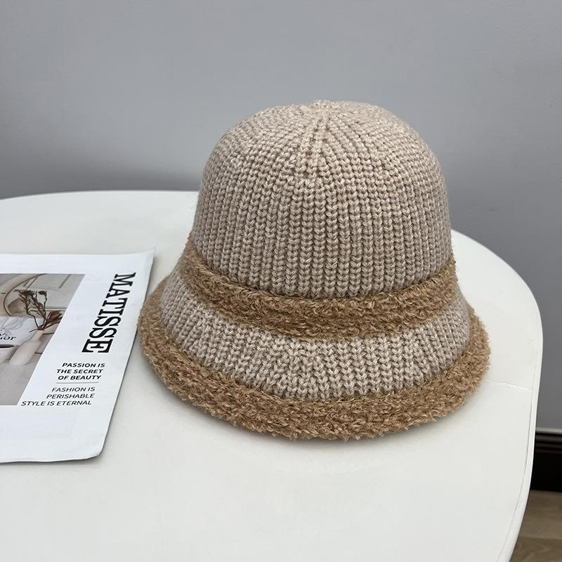 Fashion Plush Edge Knitted Warm Bucket Hat Women's Autumn and Winter Literary and Artistic Style Straight Bucket Hat