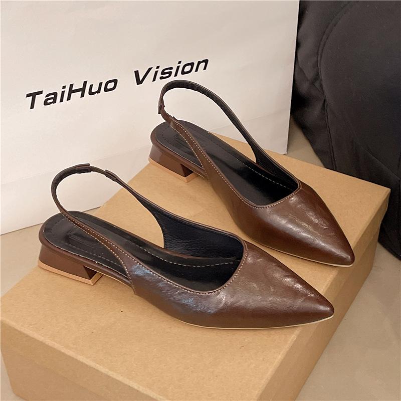 2025 summer sexy pointed low-heeled shoes women's thick-heeled sandals niche back empty French temperament bag head women's sandals