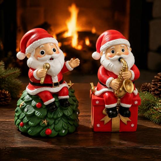 Cartoon Santa Sculpture Christmas Singing Claus Figurine,Cartoon Saxophone Resin Xmas Decor Statue, Festive Sitting Desktop Decoration Desk