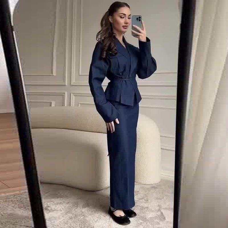 Casual Jackets Skirts Sets Women Loose V Neck Long Sleeves One Button Belt Outfits Female 2025 Summer Fashion Chic Solid Set