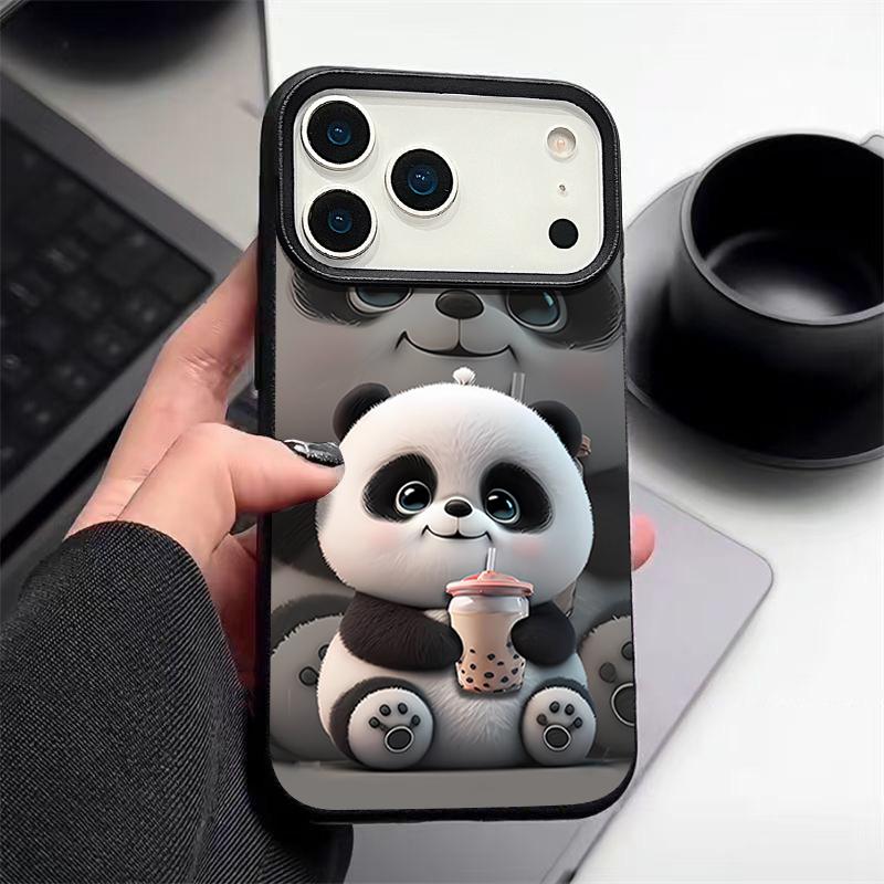 Case For iPhone 17 Pro Max Milk Tea-drinking Panda Pattern Leather Texture Soft Silicone Cover For Funda iPhone 16 Pro Max 15 14 13 12 11 Air 16E