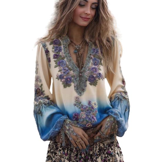 Damska Koszula Oversize z Dekoltem V Długi Rękaw Casualowa Wiosna Jesień Koszula z Wzorem Drukowanym 3D Oddychająca