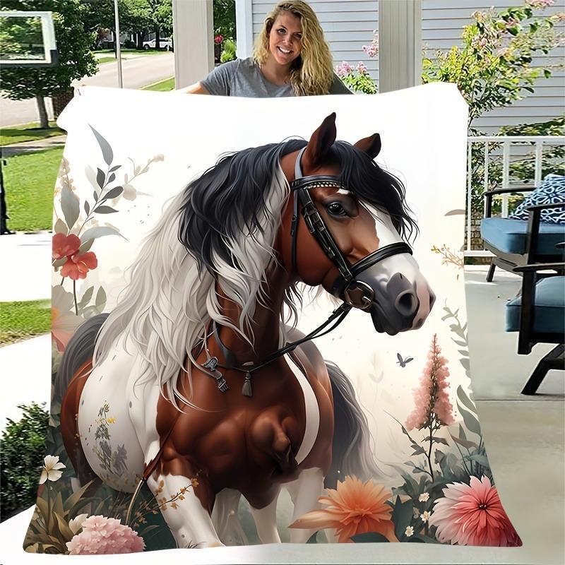 Spring Floral Horse Fleece Blanket Boho Equestrian Style Throw Blanket Soft Cozy for Country Home Decor Spring Outdoor Lounging