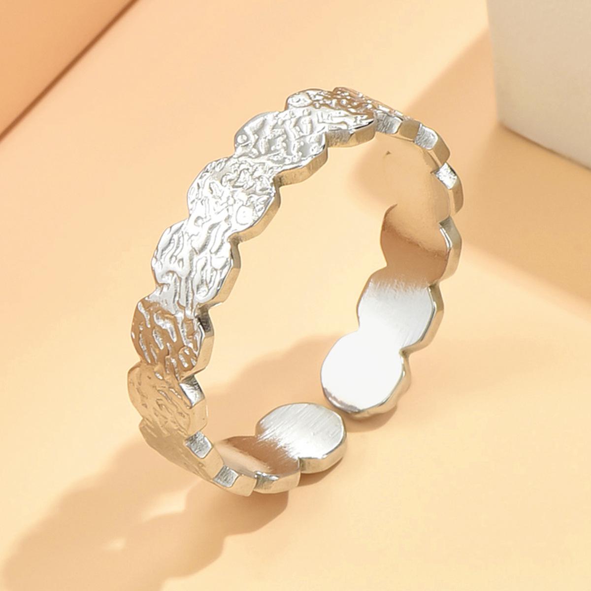 Retro Floral Adjustable Stainless Steel Ring for Women - Forest Style Open Band, Non-fading Oil Pressed Texture
