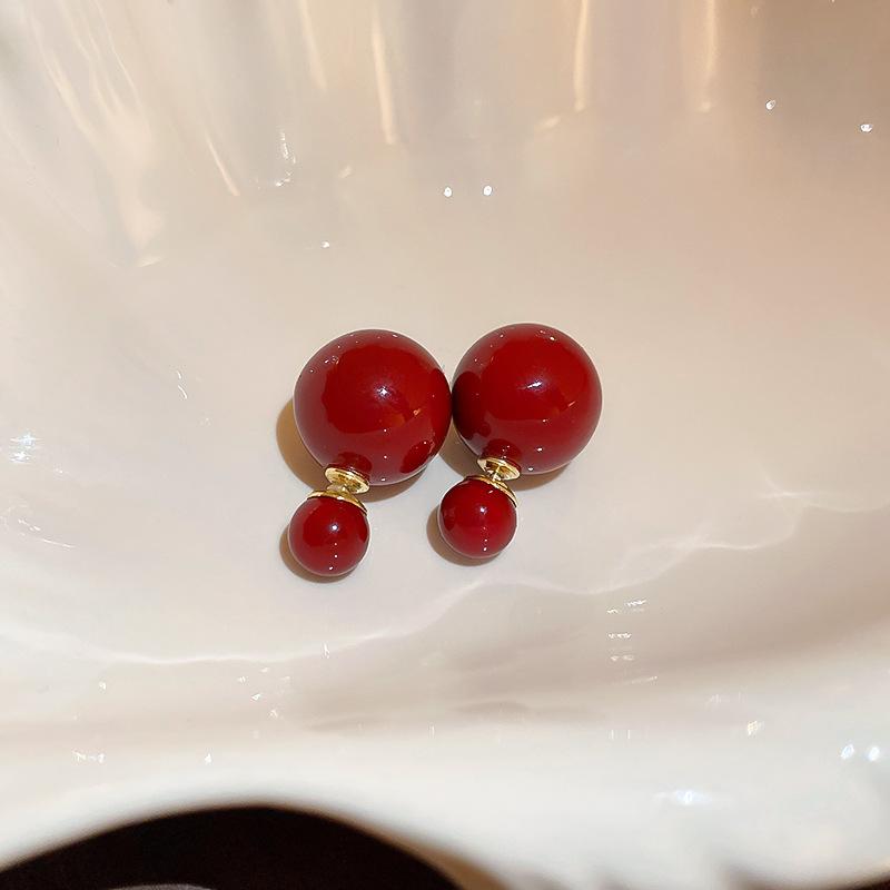 New Year's red drop oil imitation pearl geometric silver needle earrings, a two-wear temperament earring