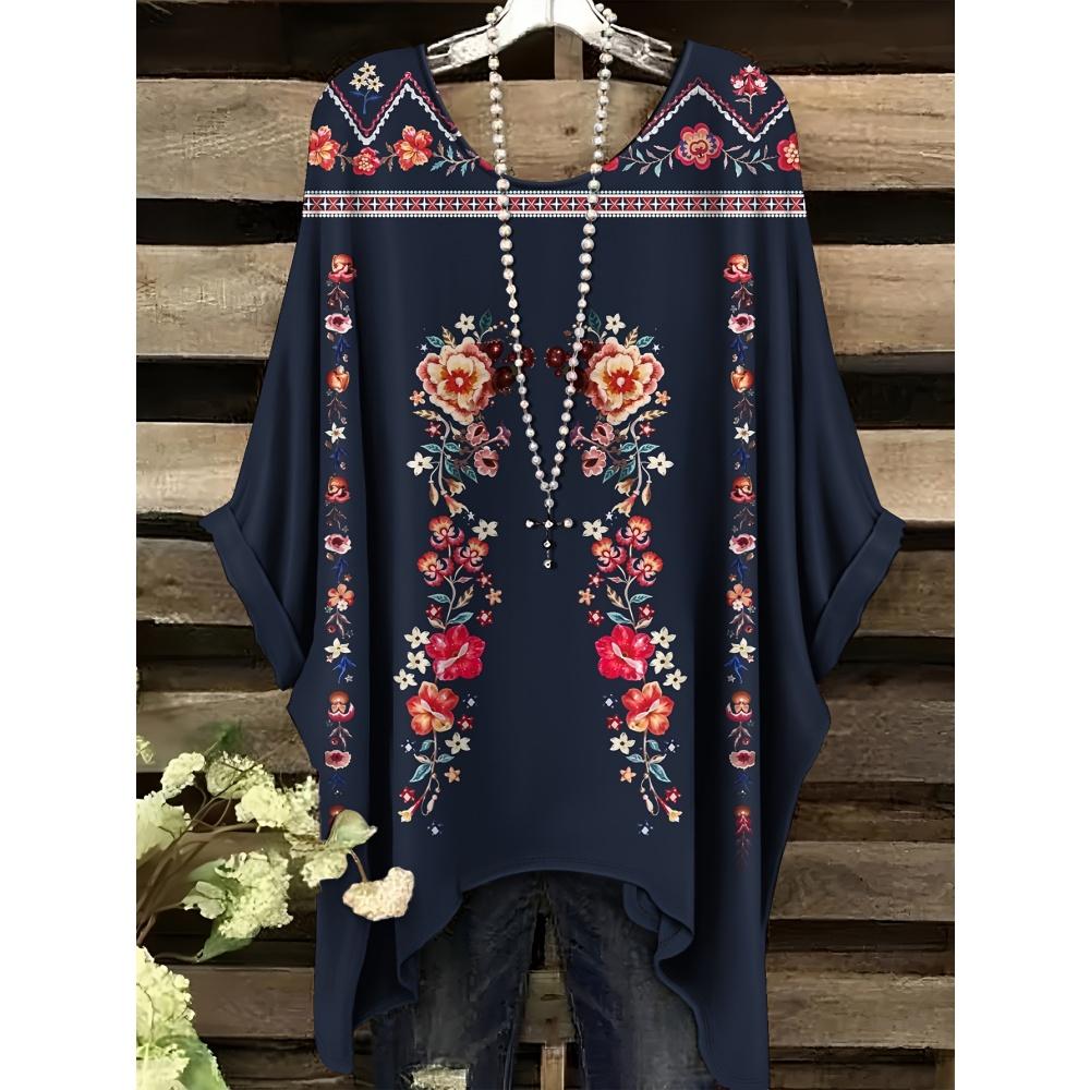 Sommer Damen T-Shirt Ethnischer Stil Gedruckter Frack Rundhalsausschnitt Lässig Bequem Y2k T-Shirt Vintage Damen Kurzarm-T-Shirt