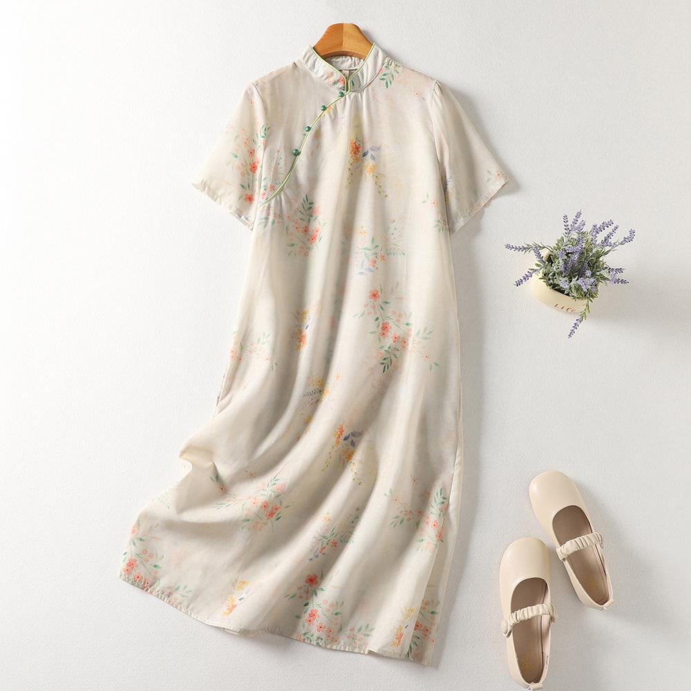 

2025 лето новое платье для пригородных поездов темперамент с принтом из хлопка и льна женское диагональная планка воротник стойка короткий рукав легкая юбка средней и длинной длины 2XL