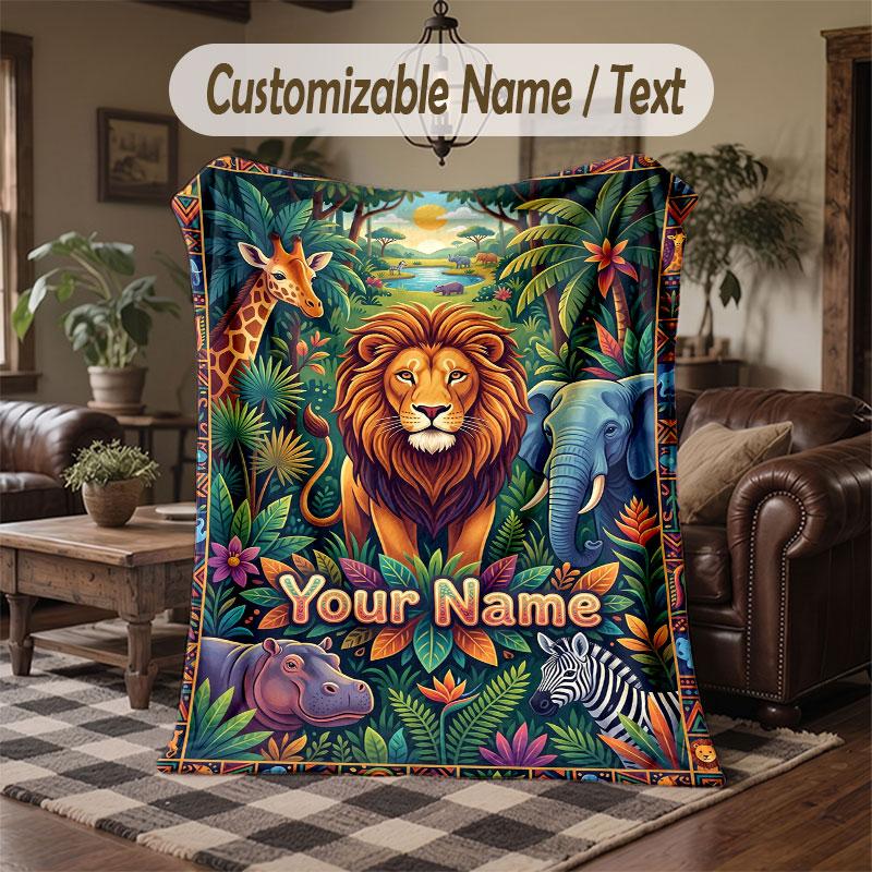 Wildlife Animals Theme Throw Blanket Custom Name Text Personalized Blanket Soft Cozy Blanket for Home Sofa Bed