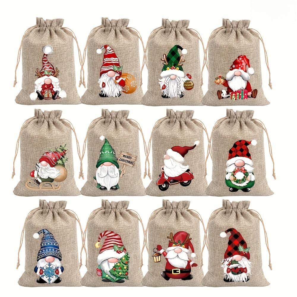 12PCS Christmas Linen Gift Bag Set, Santa Drawstring Bag, Perfect for Holiday Party Gifts and Jewelry Storage, Perfect for Christmas