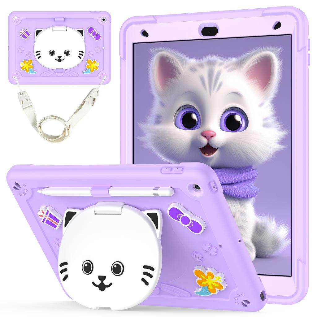 For iPad 10.2 (2021)/(2020)/(2019) Case PC + Silicone Tablet Cover with Cat Kickstand/Shoulder Strap
