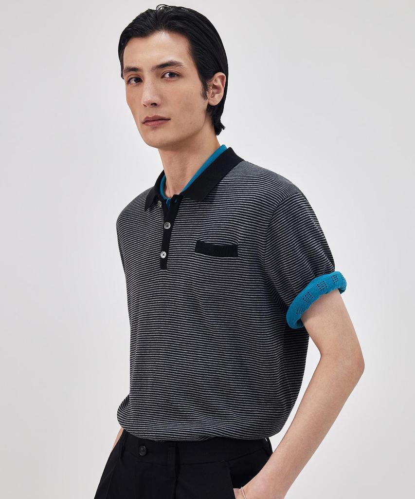 THEKNITCOMPANY Orea Striped Polo Shirt - Onyx Black