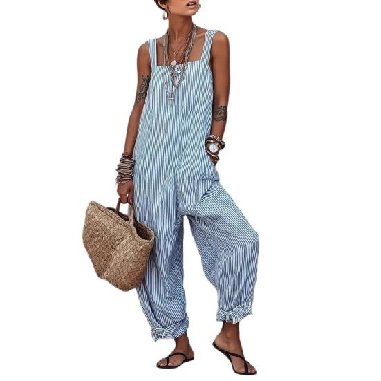 Loose Striped Wide Leg Jumpsuit for Women, Square Neck Sleeveless Wide Leg Rompers with Pockets, Casual Summer One Piece Outfit