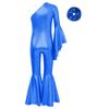 Girls Performance Jumpsuit Metallic Bell Bottom Design One Shoulder Flare Sleeve Bodysuit Hair Accessory